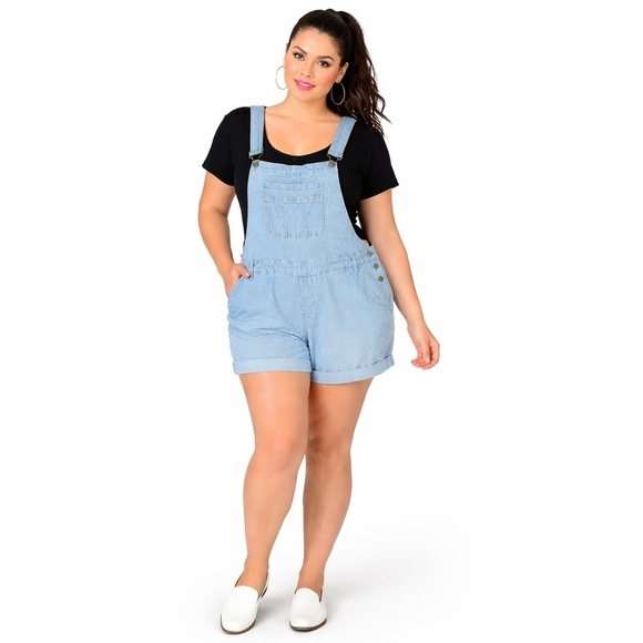 torrid Denim - Torrid Size 18 Light Blue Denim Railroad Stripe Overall Shorts  with Pockets NWT